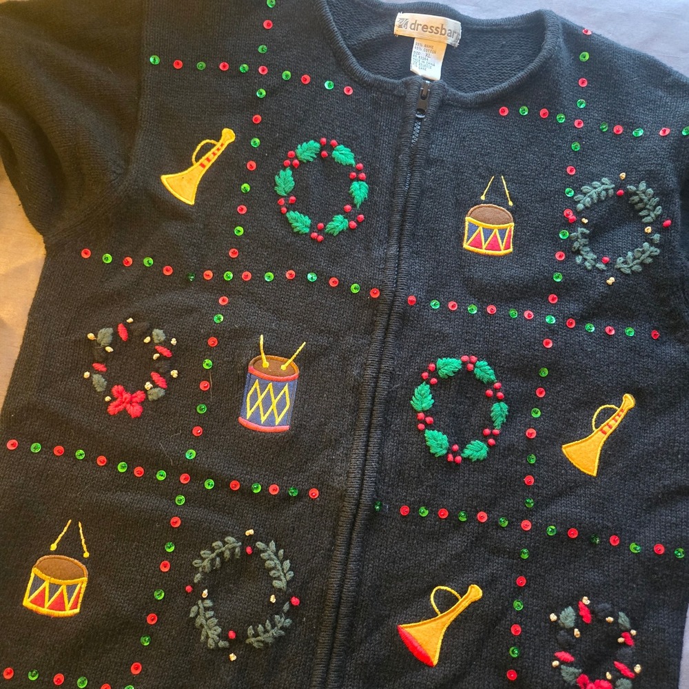 Vtg Dressbarn Women Black Christmas Sweater Zip Cardigan Holiday XL Grandmacore